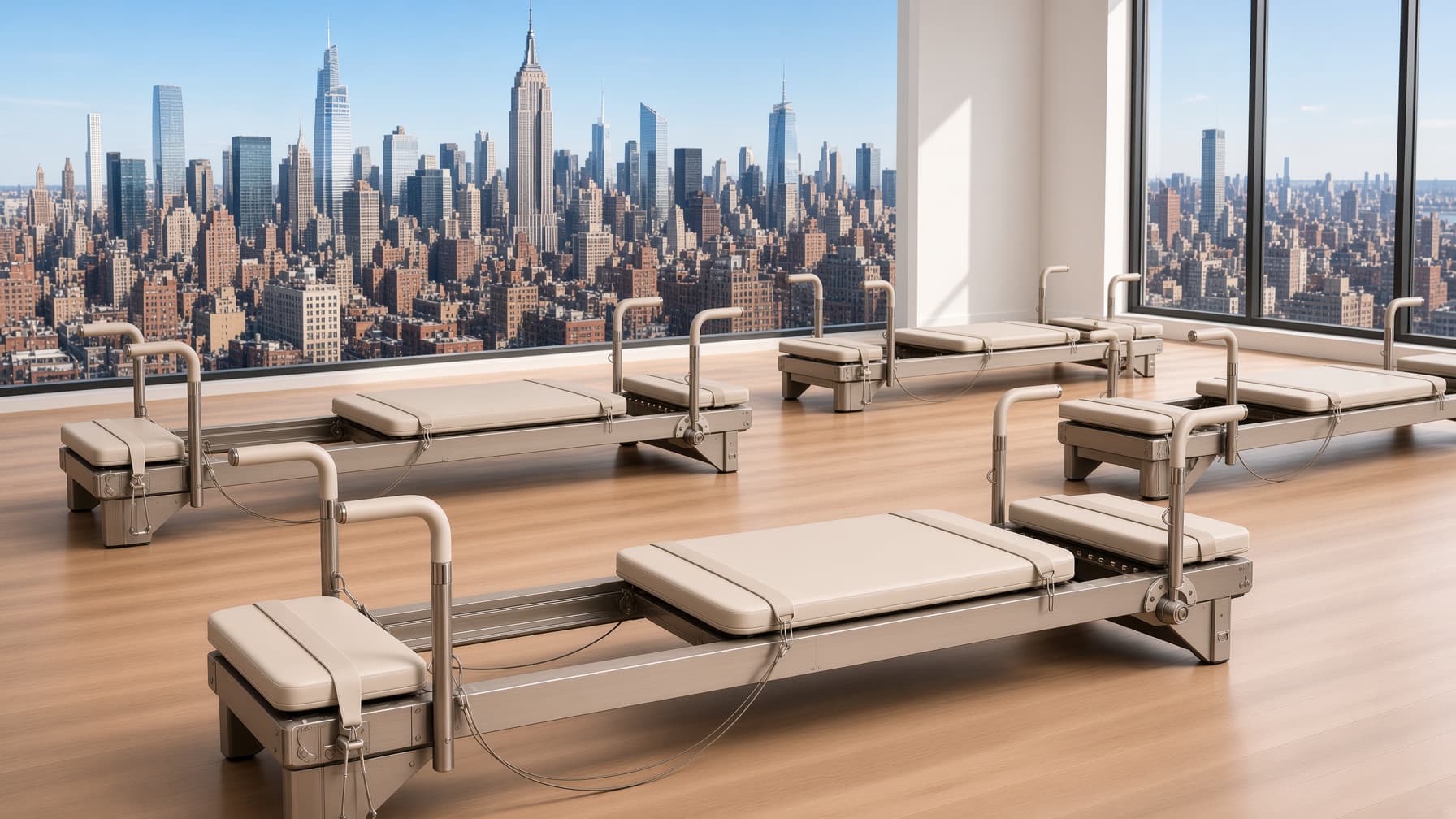 A fleet of TX26 Classic reformers on a studio floor overlooking the Manhattan skyline